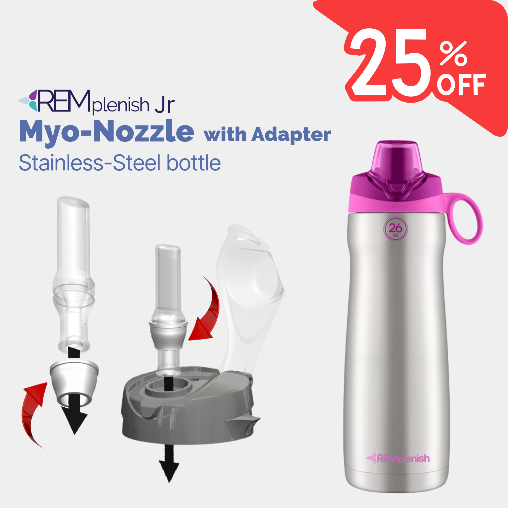 REMplenish Jr™ Myo-Nozzle with Adapter and Stainless Steel Bottle - Child